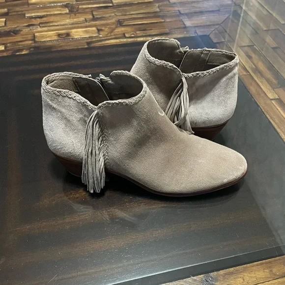 Sam Edelman Paige Fringe Gray Leather Suede Ankle Booties Size 8.5 - Picture 4 of 11